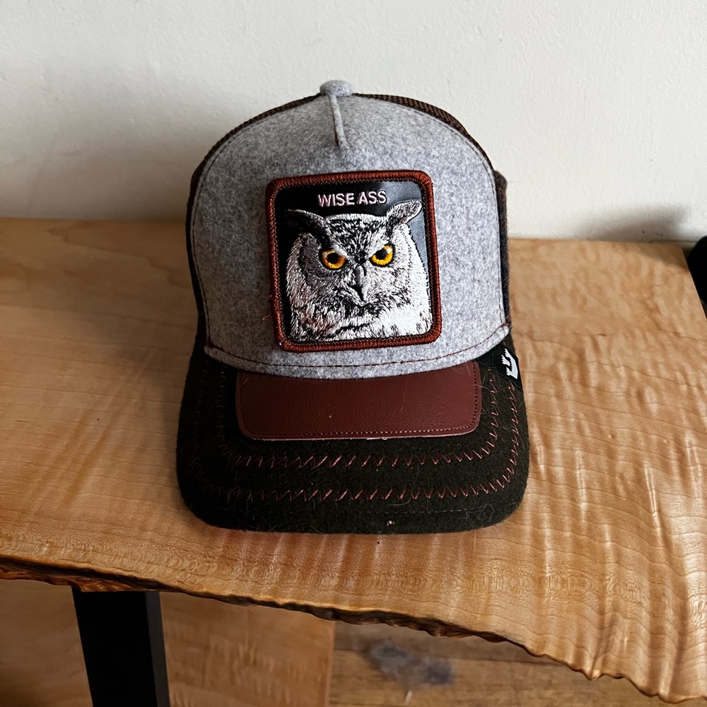 Goorin Bros Wise Ass Owl Trucker Hat Ass Play Leather embellishment